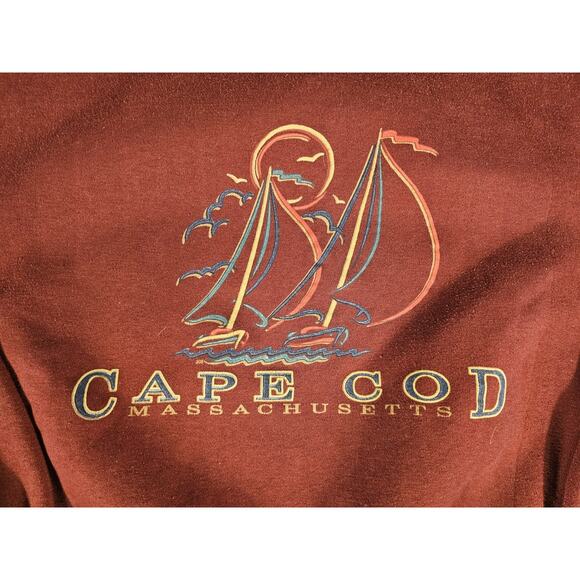 Vintage 90s Cape Cod Massachusetts Graphic Crewneck Sweatshirt Maroon Pullover L - Picture 2 of 7